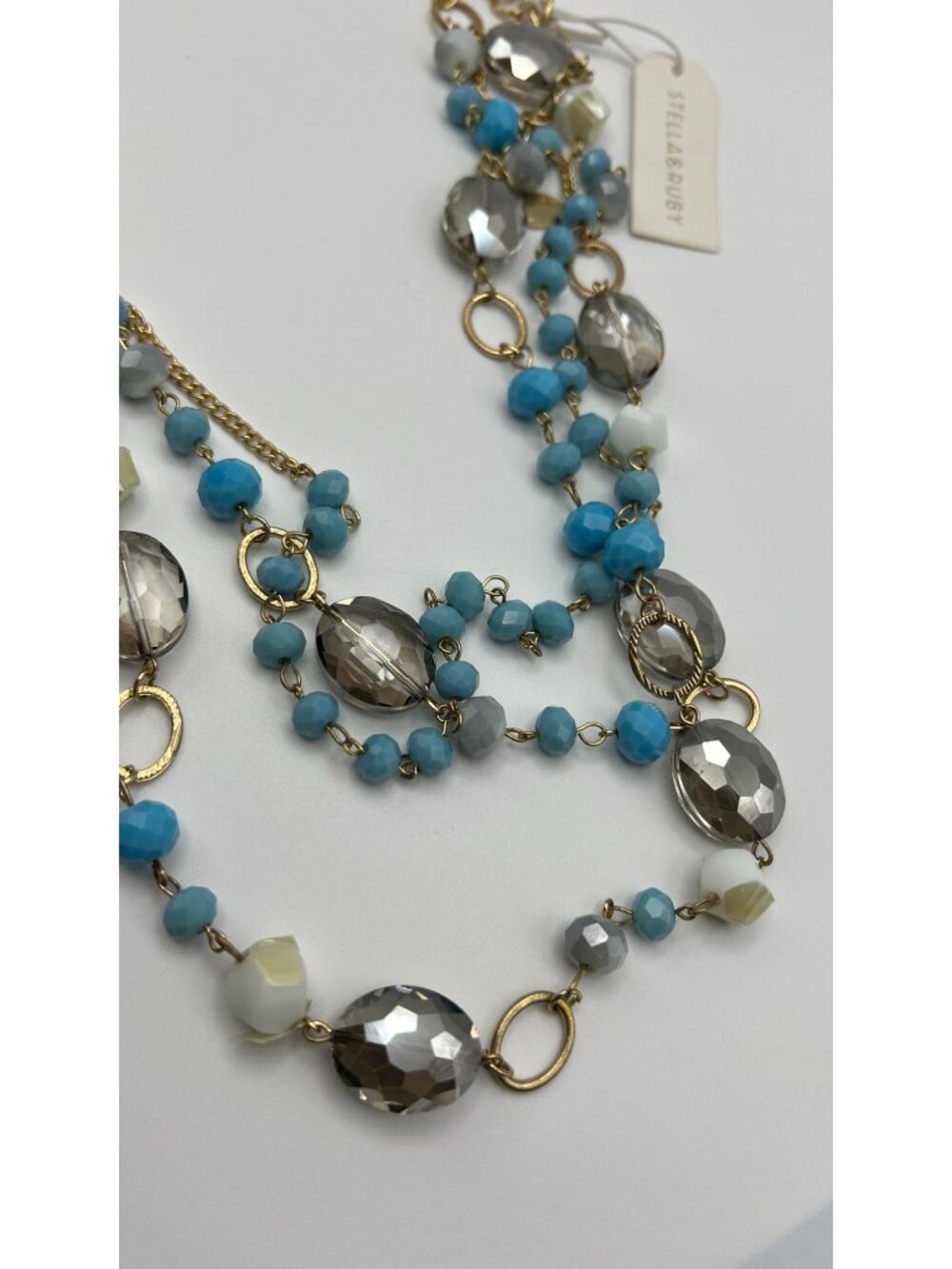 Stella & Ruby Gold Chain Multi-Strand Necklace With Blue White & Clear Beads - Picture 4 of 4